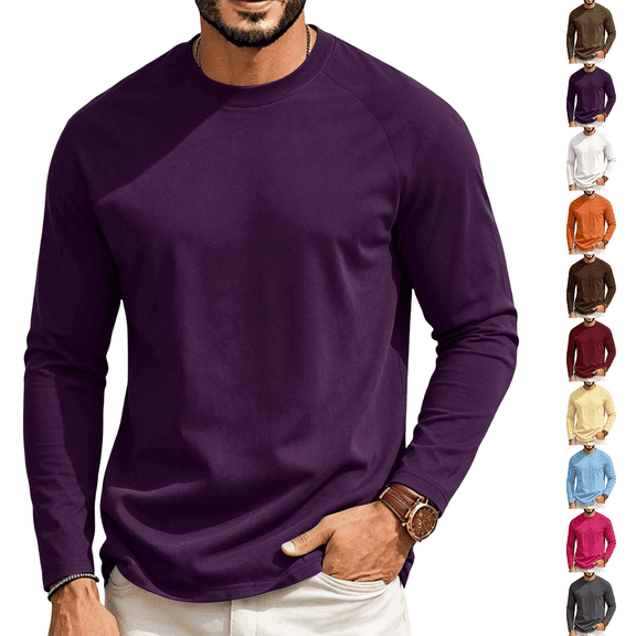 DORKASM Mens Long Sleeve Shirt Crew Neck Lightweight Beach Shirts Solid Pullover Trendy Tee Vacation Lounge Tops Dark Purple M