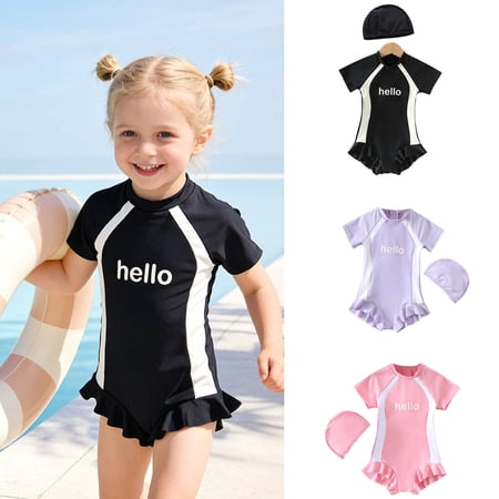 SOFTCCLO Girls Swimsuit One-Piece Swimsuits Short Sleeve UPF 50 Sun Rash Guard Beach Pool Casual Kids Swimwear Size 5-6Y