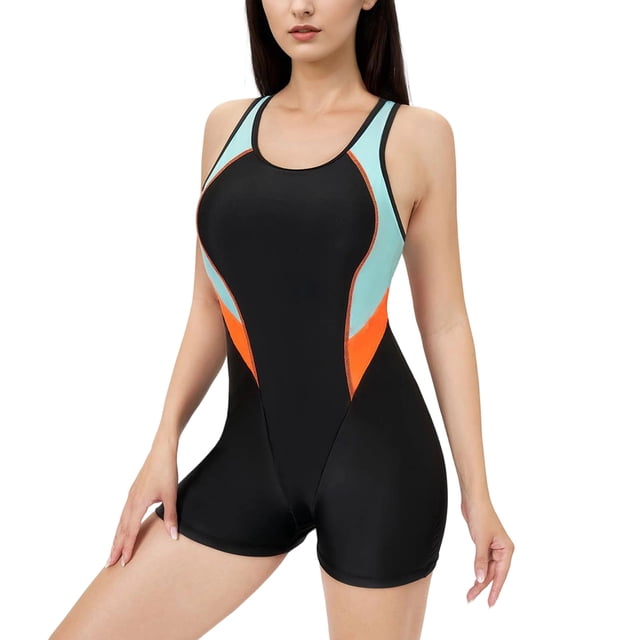 VgaVtl Womens Wetsuit Racerback Summer Swimsuit Women One Piece Beach Green Color Block Athletic Tummy Control Surf Suit