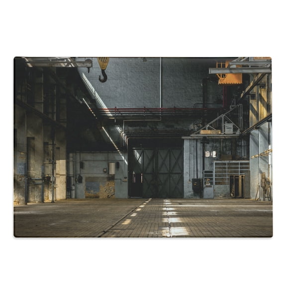 Industrial Cutting Board, Dark Industrial Interior of an Old Building Place of Manufacturing Hangar Print, Decorative Tempered Glass Cutting and Serving Board, Large Size, Multicolor, by Ambesonne