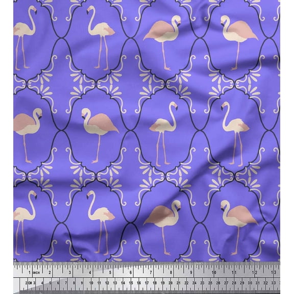 Soimoi Purple Cotton Duck Fabric Flamingo & Moroccan Damask Printed Craft Fabric by the Yard 42 Inch Wide