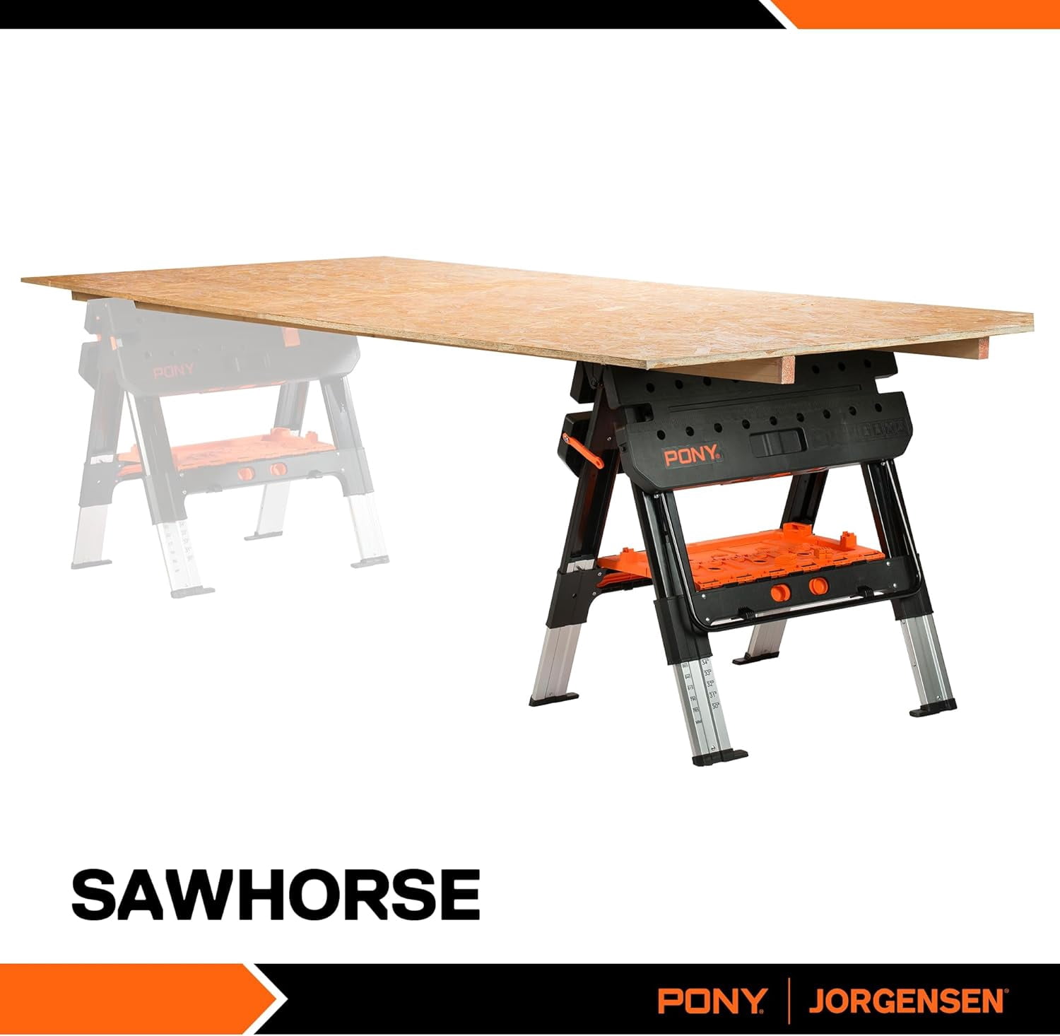 Pony Portable Folding Work Table, 2-in-1 as Sawhorse & Workbench, Load Capacity 1000 lbs-Sawhorse & 500 lbs-Workbench, 31” W×25” D×25”-32”H, with 4pcs Clamps, 4pcs Bench Dogs, 2pcs Safety Straps