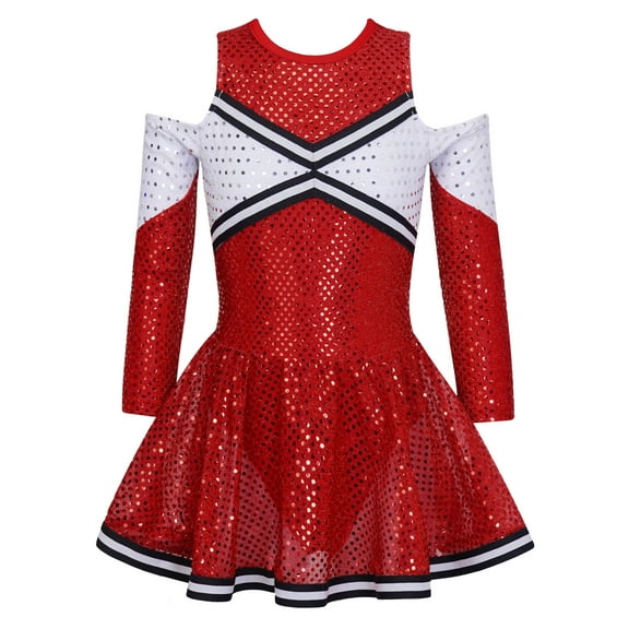 Yeahdor Girls Cheer Leader Long Sleeve Shiny Dress Halloween Carnival Party Cheerleading Uniform Sequins Dance Dress