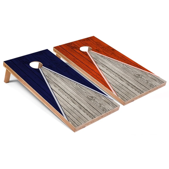Skip's Garage | Navy and Orange Pyramid Cornhole Boards | Includes (2) Boards, (8) Bags & Optional Accessories