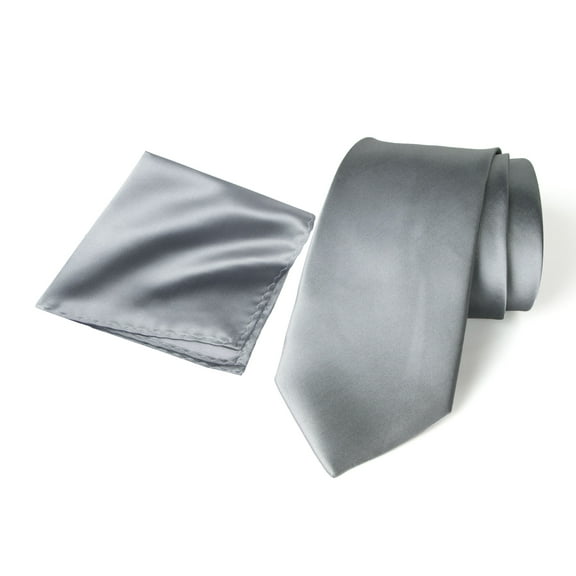 Spring Notion Men's Satin Microfiber Solid Color Tie and Handkerchief Set, Medium Grey