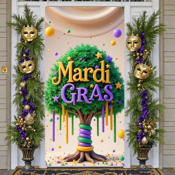 Green Tree Design Mardi Gras Banner Yellow Purple Stars Mardi Gras Display Colorful Balls Fringe Decorations Mardi Gras Backdrop for Mardi Gras Party Carnival Celebration Festival Event