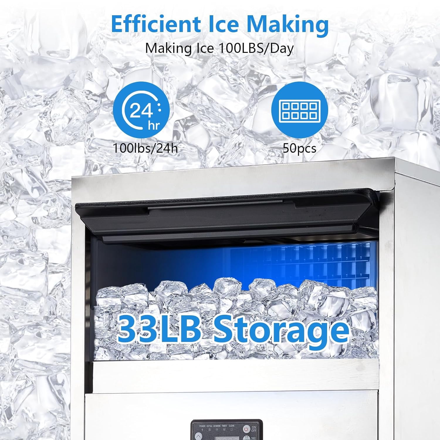 Commercial Ice Maker Machine 100lbs/24H,2 Water Inlet Modes,Stainless Steel Under Counter Ice Machine With 33lbs Storage Bin,Freestanding Ice Maker 50Pcs/Cycle for Bar Home Office Restaurant