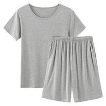 Viluyesy Round Neck T-Shirt and Shorts Set for Womens Solid Color Tops Elastic Waist Short Pants Pocket Shirt and Shorts Sets Two PC Gray Size 2XL