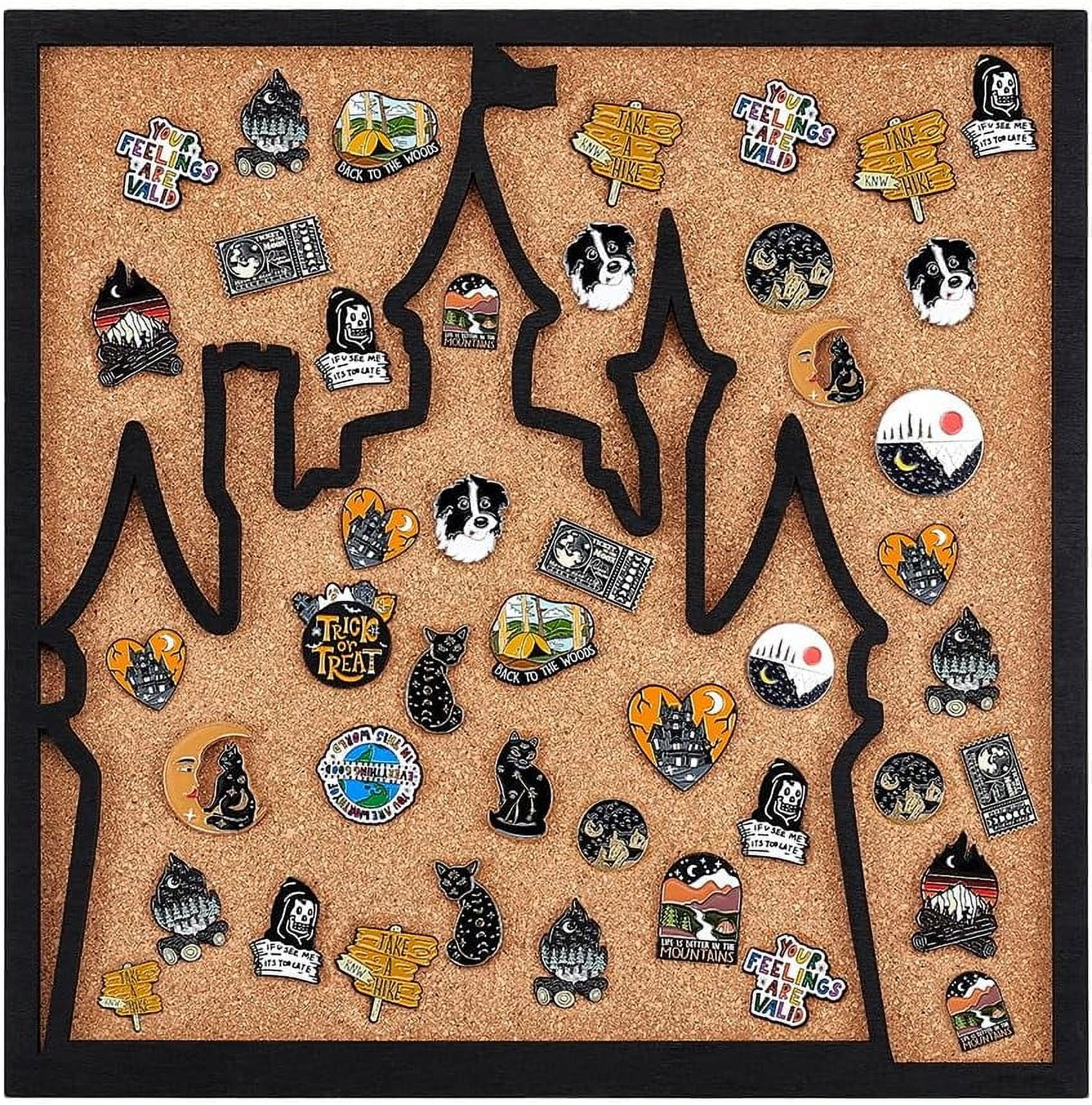 1pc Square Castle Pin Board Cork Board 11.8x11.8inch Bulletin Display Board Wall Mounted Cork Board with Black Frame for Brooch Pin Storage Display Office Home and School Decor