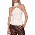 thumbnail image 3 of Women Halter Neck Pleated Twist Front Tank Tops Trendy Slim Fit Sleeveless Hollow Out Halter Top Clubwear Cream White M, 3 of 9
