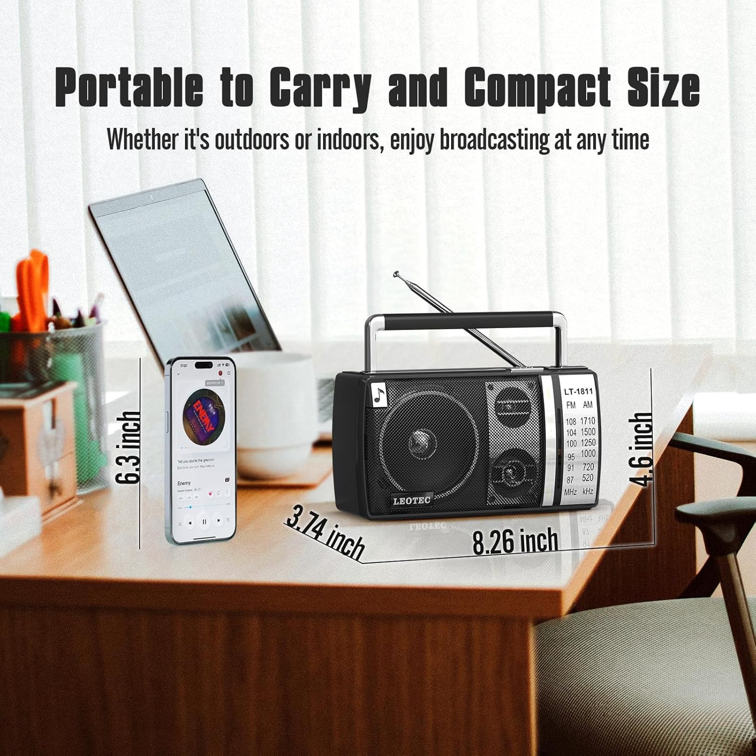 LEOTEC AM FM Radio, Portable Bluetooth Radio, Plug in Wall or Battery Operated Best Reception with Headphone Jack, Handheld Great for Home, Outdoor,Black