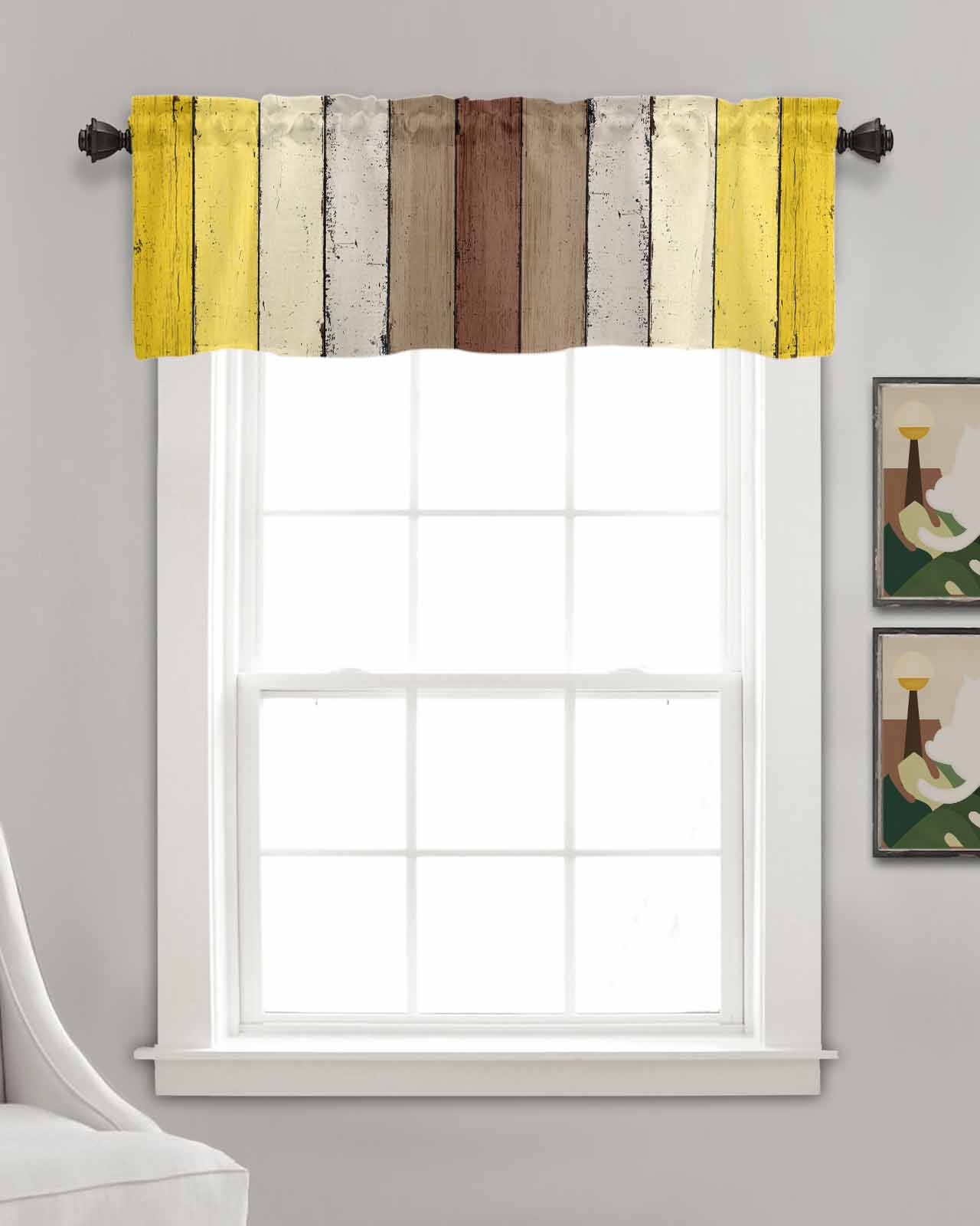 Yellow Brown Kitchen Valances for Windows Farmhouse Linen Window Valance Curtain for Living Room Window Treatment Farmhouse Wood Grain Vintage Striped Valance Rod Pocket Topper Drape, 60 x 18 Inch