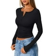 thumbnail image 3 of Women'S Long Sleeve Shirts Henley Casual Fall Outfits Fitted Tops Ribbed Fashion Basic Tees Black S, 3 of 8