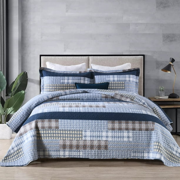 Sahsahcasa Juego De Edredón Tamaño Queen Queen 100% Algodón, Juego De Cama Queen, Colchas De Granja, Reversibles, Patchwork, Ligeros, A Cuadros, Colcha Para Todas Las Estaciones, Color Azul, 3 Piezas
