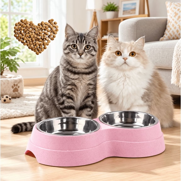 Double Cat Bowl Set – Pink Elevated Stainless Steel Pet Bowl with Non-Slip Base for Indoor Cats & Puppies