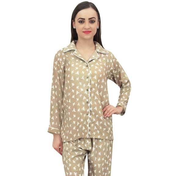 Bimba Olive Green Bird Print Women Shirt With Pajama Pants 2 Pcs Nightwear - 4