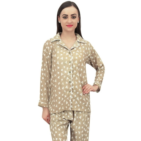 Bimba Olive Green Bird Print Women Shirt With Pajama Pants 2 Pcs Nightwear - 4