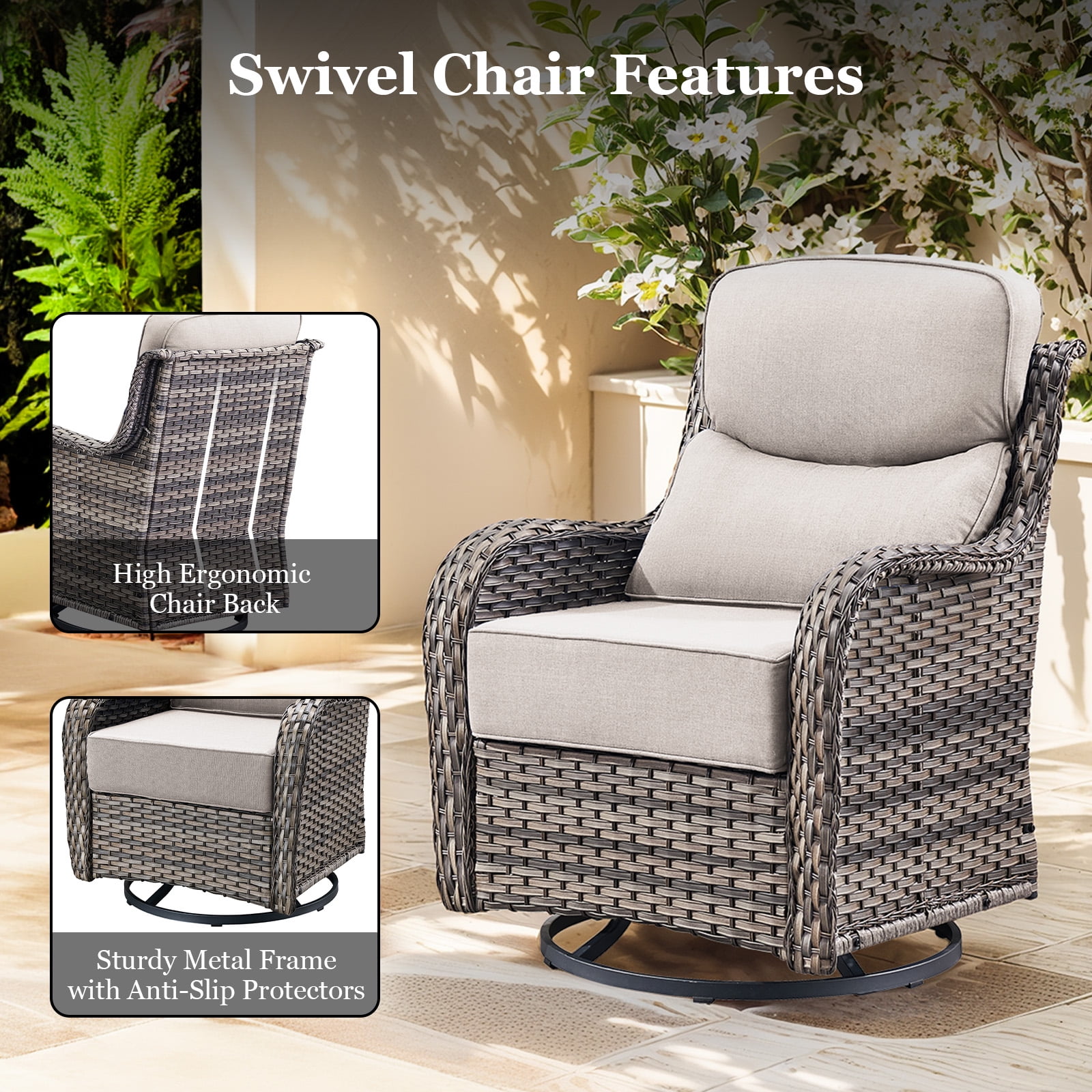 Planntonneo 3-Piece Patio Furniture Set - Wicker Swivel Glider Chairs with 6-Inch High-Resilience Cushions and Side Table, Grey/Beige