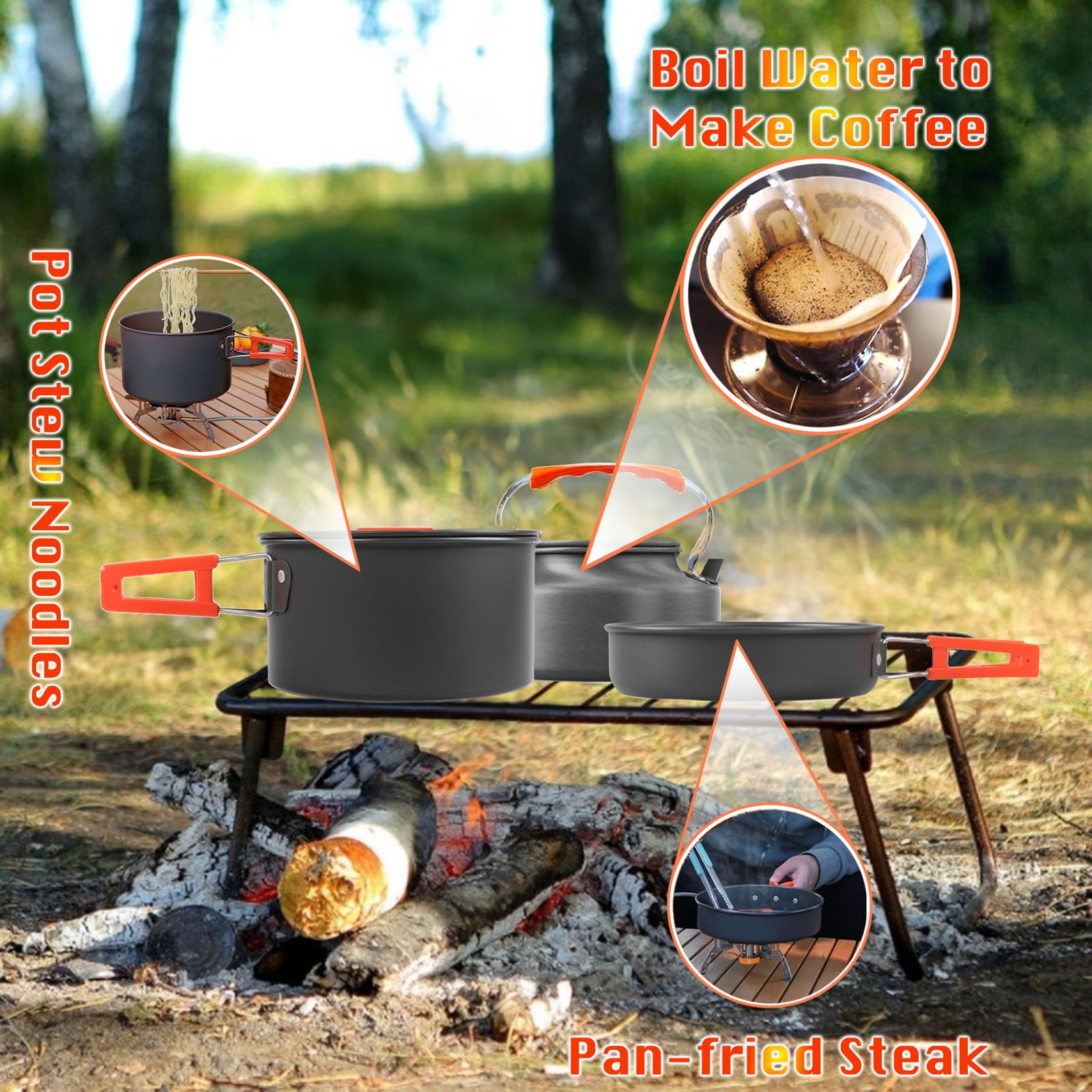 Merryhome 11 Pcs Camping Cookwares Mess Kit Gear Campfire Utensils Non-Stick Cooking Equipment Lightweight Stackable Pot Pan Bowls with Storage Bag