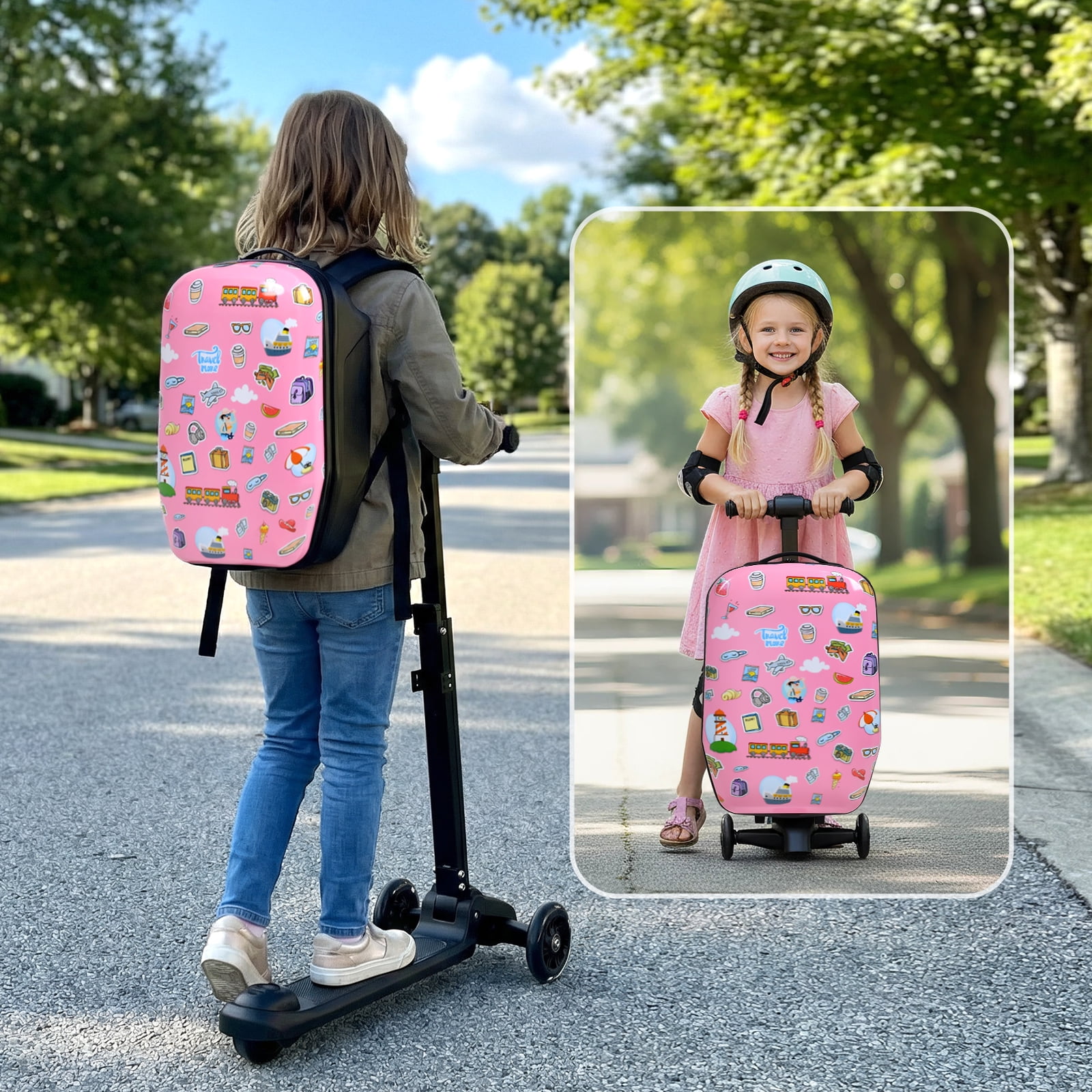 Advwin Kids Scooter Luggage with LED Wheels, 4-in-1 Detachable Foldable Ride-On Suitcase, Travel Sticker Design Hardside Carry-On Travel Luggage, Convertible Backpack, Pink