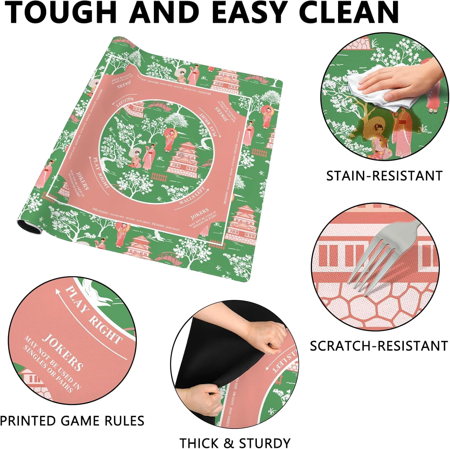 Mahjong Mat with Carrying Bag and 3 Dice, 31.5" X 31.5" Noise Reduction Mahjong Table Cover, Non Slip Gaming Mat for Board Tile Games Poker Card Dominoes, Mahjong Gifts for Women Mahjong Accessories