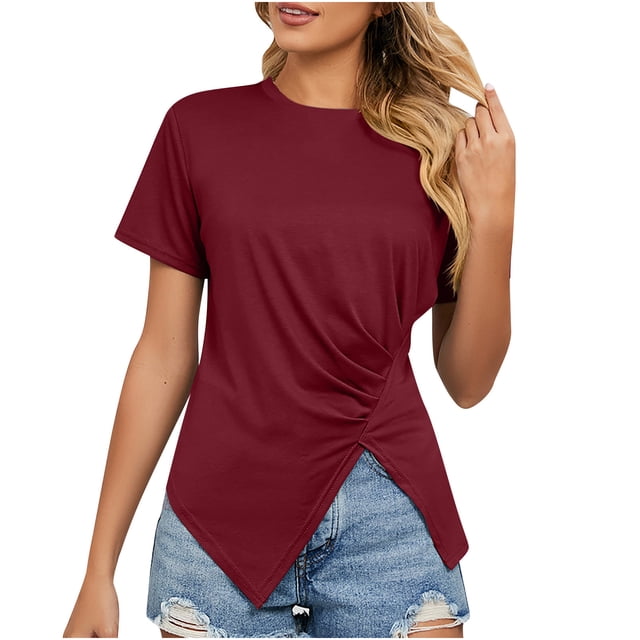 Besolor Tunique d'Été pour Femmes, Col Rond Tendance, Manches Courtes Plissées Irrégulières, Blouse pour Sorties