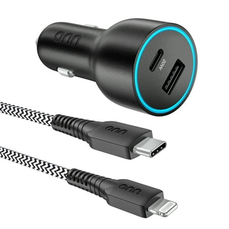 onn 32W Dual USB-C and USB-A Port Car Charger With 3ft C-Lighting Cable ,MFI & USB-IF Certified, Black - Compatible with iPhone 14/13/12/11/X/XR/XS/8/7/6/5, iPad, Airpods and more