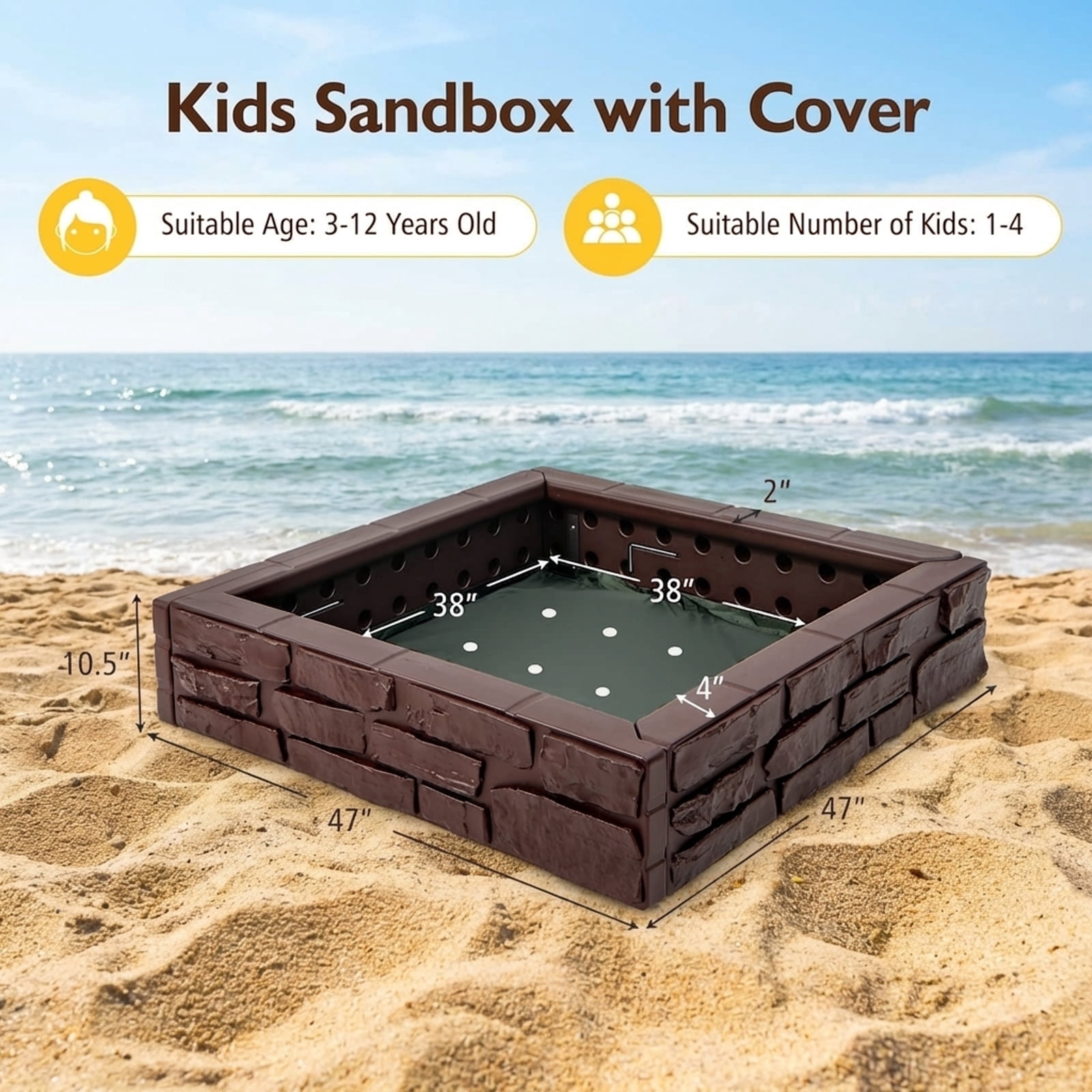 Redsmile Kids Sandbox with Cover, 47x47 Inch Square Sand Box,HDPE Large Sand Box with Bottom Liner for Outdoor Backyard, Beach, Park, Gift for Boys Girls,Brown