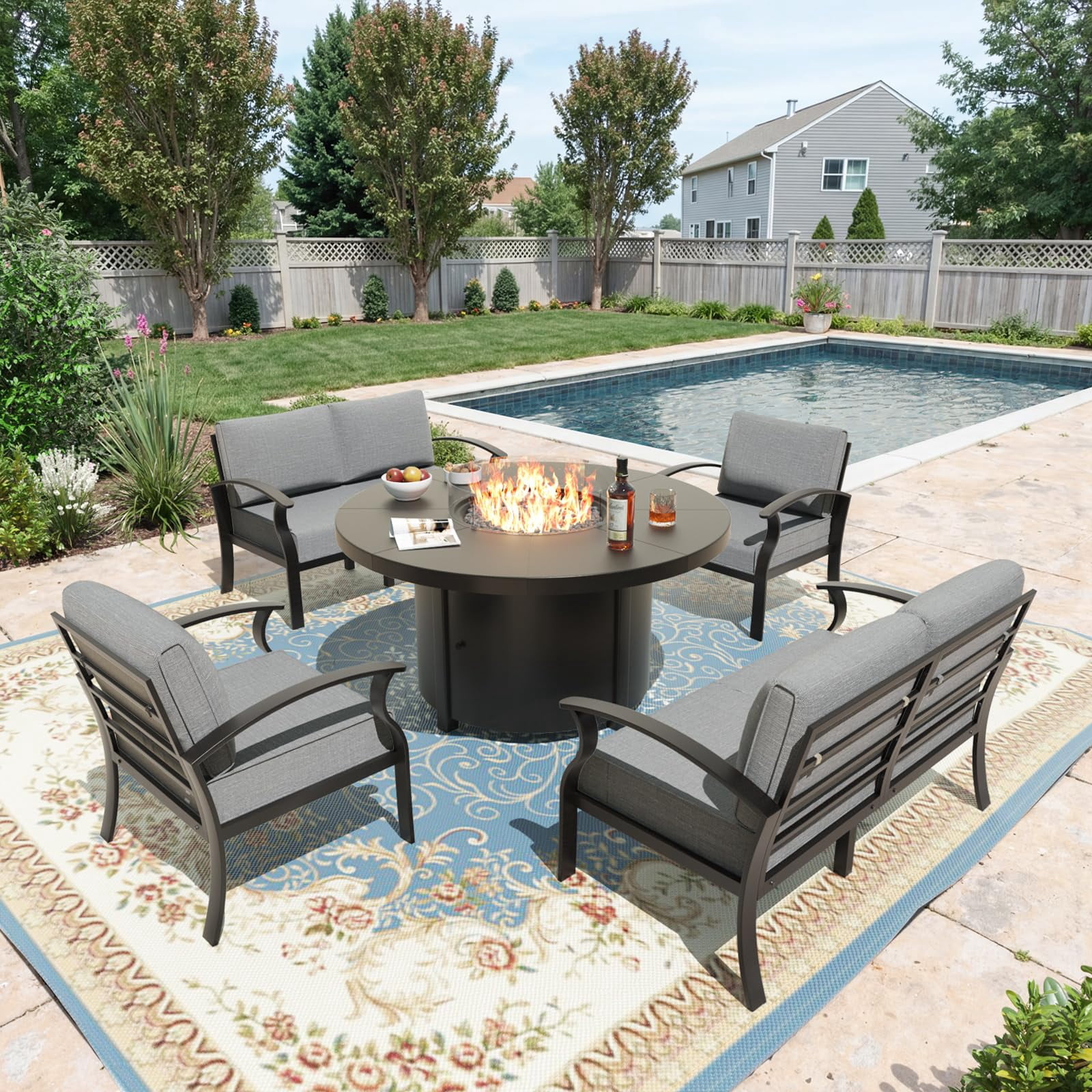 ALAULM Round Gas Fire Pit Table 48in, 40000 BTU Outdoor Propane Fire Pit with Round Metal Tabletop, Adjustable Flame,Windshield & CSA Certification for Outside Patio & Garden