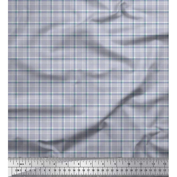 Soimoi Blue Cotton Duck Fabric Plaid Check Print Fabric by the Yard 42 Inch Wide