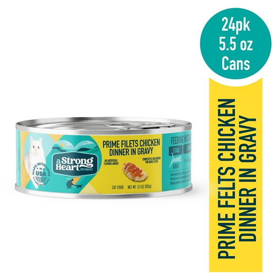 A Strong Heart Canned Wet Cat Food, Prime Filets Chicken Dinner in Gravy - 5.5 oz Cans (Pack of 24), Made in The USA with Real Chicken