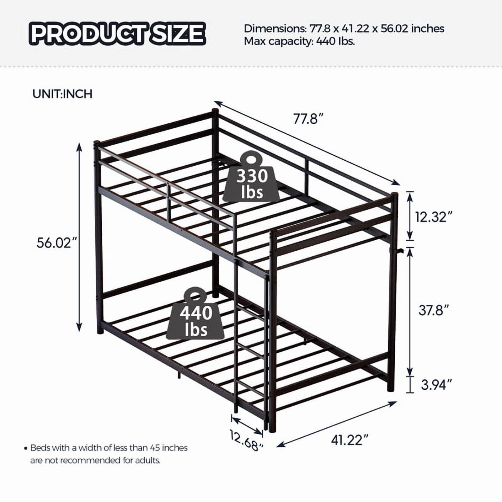 avobird Metal bunk bed (Twin size), suitable for children/teenagers/adults, 11.3-inch high guardrails, 11 crossbars, 770 lbs, black.