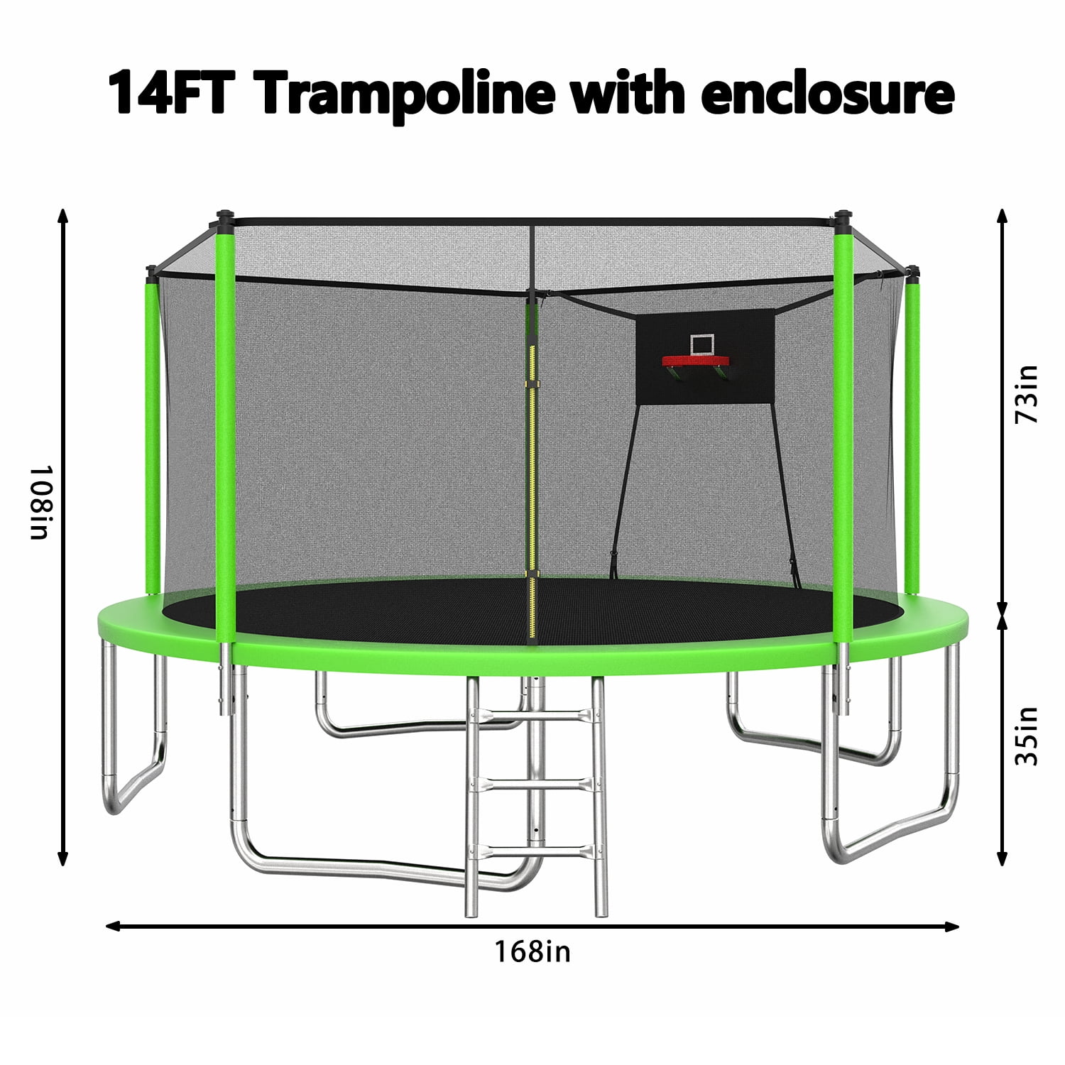 Leumius 14ft Trampoline with Basketball Hoop,Heavy-Duty Outdoor Trampoline with with Enclosure Net,Upgraded Kids Recreational Trampoline for Family,Green