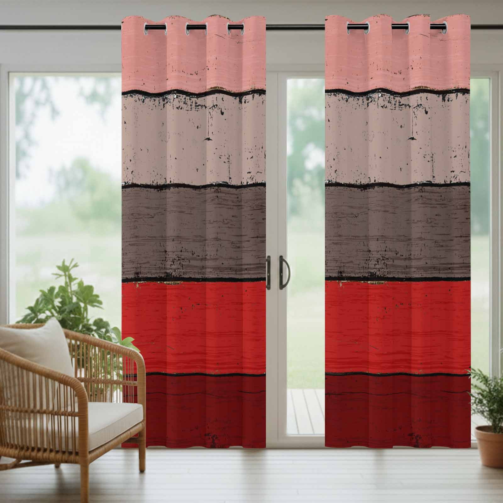Outdoor Curtains for Patio Waterproof, Red Grey Windproof Pravicy Outside Porch Blackout Curtain, Vintage Stripe Farmhouse Wood Grain Ombre Sun Blocking Grommets Curtains for Cabana Gazebo 54"x108"