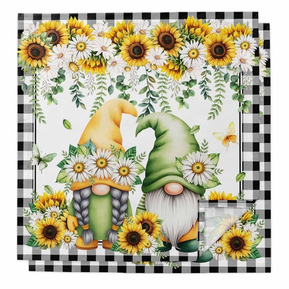 Cloth Napkins Set of 2 - 20x20 Inches, Sunflower Gnomes Washable Reusable Table Napkins, Spring Farmhouse Country Daisy Leaf Plaid Soft & Absortbent Dining Napkin for Party Wedding Hotel Restaurant