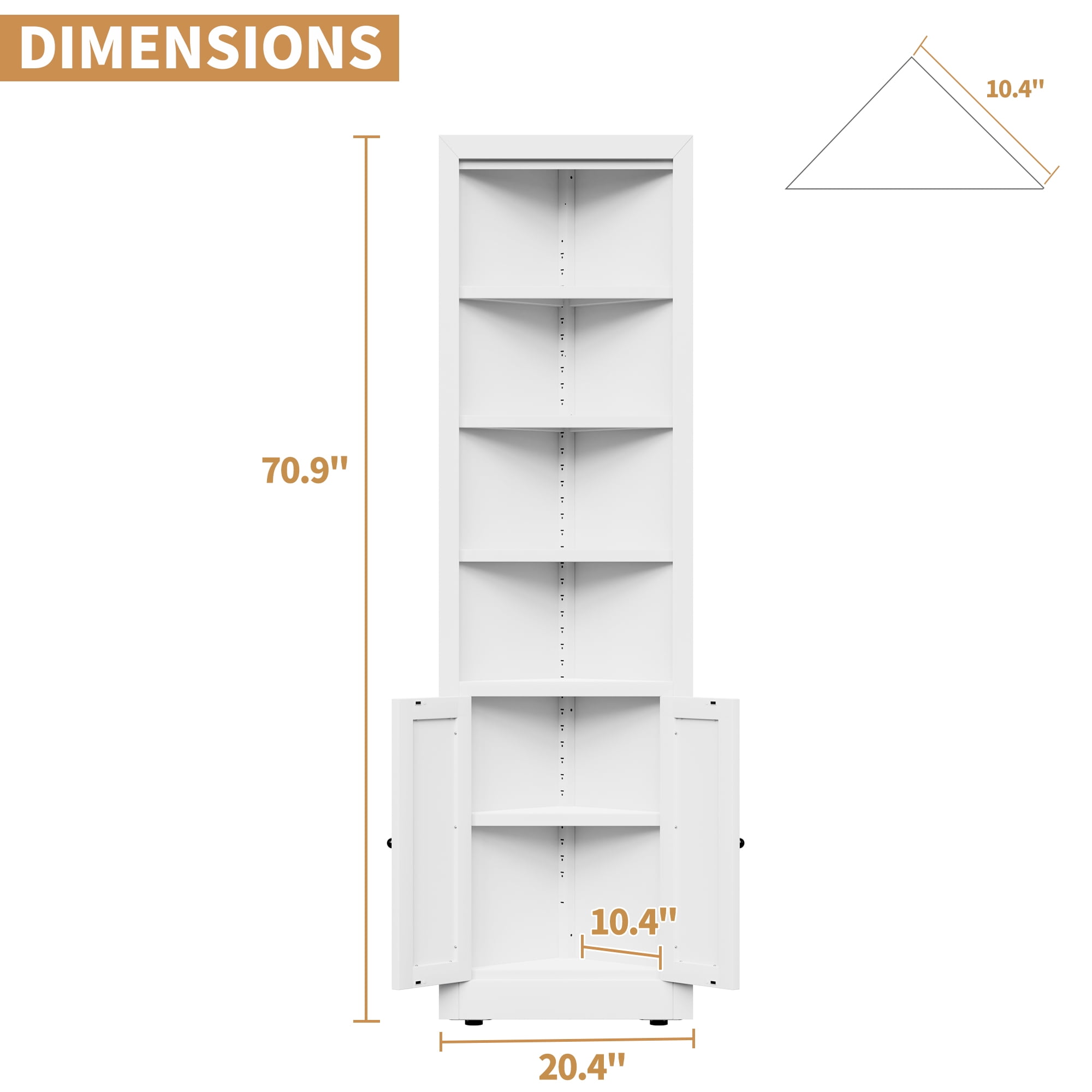 Leumius 71" Tall Corner Storage Cabinet with 2 Doors,Freestanding 5-Tier Metal Cabinet with Adjustable Shelves for Kitchen Living Room Bathroom,White