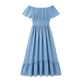 thumbnail image 6 of ClodeEU Women's Off Shoulder Puff Short Sleeve Waist Tie Irregular Midi Dress,Casual Summer Swing Dress Light Blue,Women's Plus M, 6 of 7