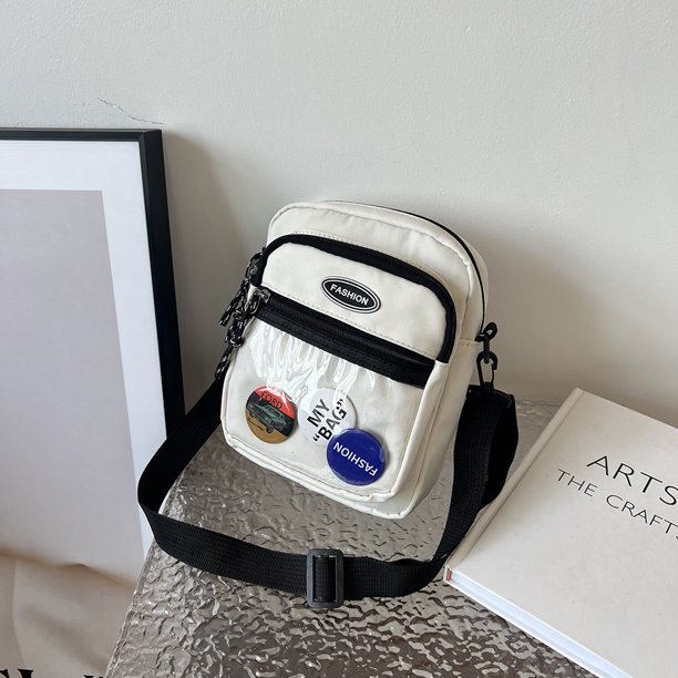 Bolso bandolera informal para hombre y mujer con bolsillo con insignia transparente, Bolso cruzado liso de nailon