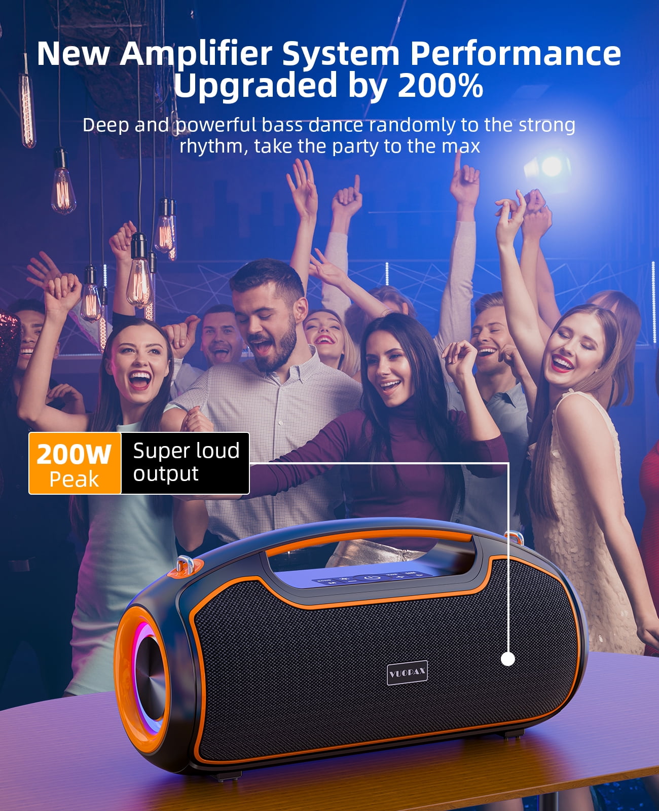 Portable Bluetooth Speaker 200W Peak,IP65 Waterproof Outdoor Wireless Speaker with 24H Playtime,Deep Bass,TWS and USB/AUX/TF Input for Party