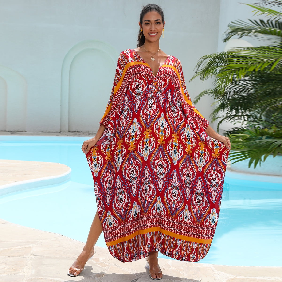 Women's Plus Size Kaftan Dress – Plus Size Maxi Dress Moo Moos Beach Cover Up,Bathing Suit Cover-Up Loungewear