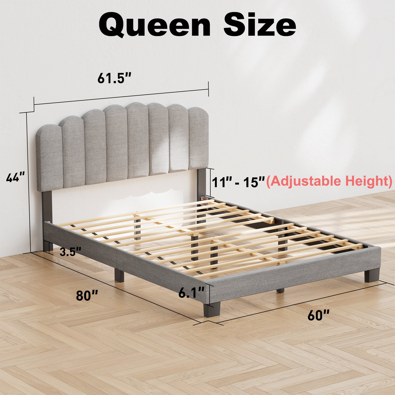 CHITOOMA Queen Size Platform Bed Frame with Velvet Upholstered Headboard and 12 Wooden Slats Support, No Box Spring Needed, Easy Assembly, Up to 1320 lbs, Grey