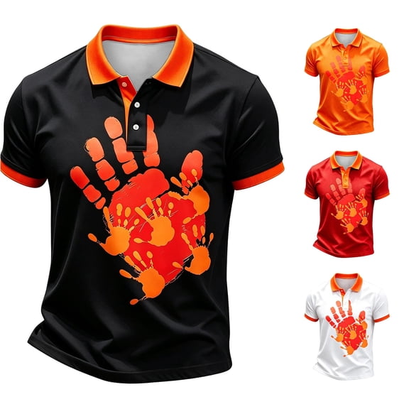 XIAONU Men's Family Handprint Polo Contrast Collar Short Sleeve Shirt Fitness Training Top