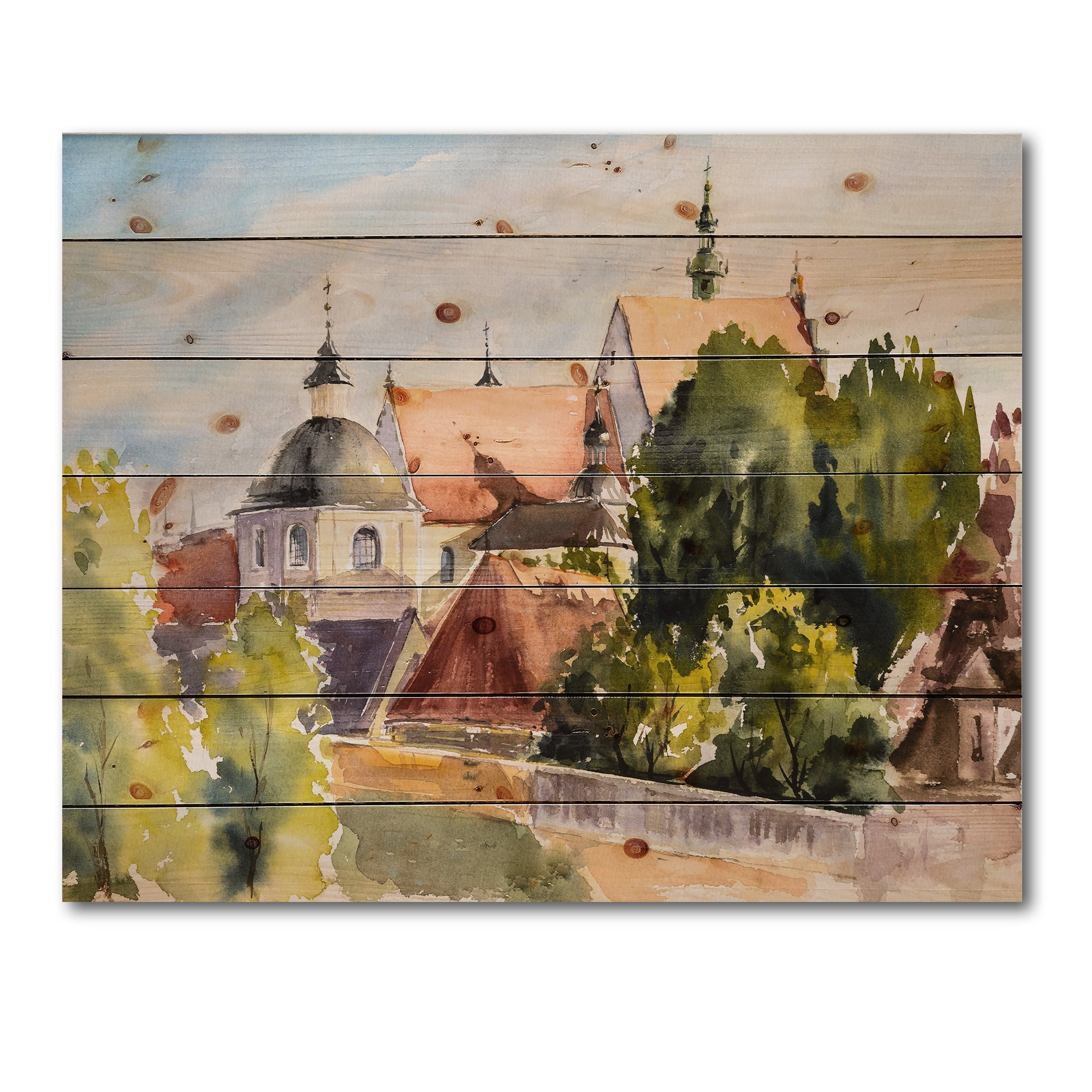 Designart 'View of Old Polish City Buildings In Nature' Traditional Print on Natural Pine Wood