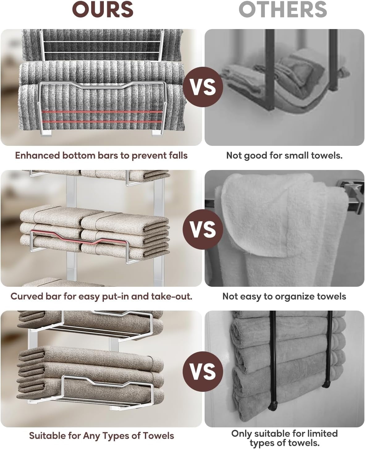 Hanging Towel Racks for Bathroom No Drill - Over The Door 6-Tier Bath Towel Storage Organizer for Small Bathrooms - Back Door Large Tiered Towel Holder Hanger for Rolled Towels
