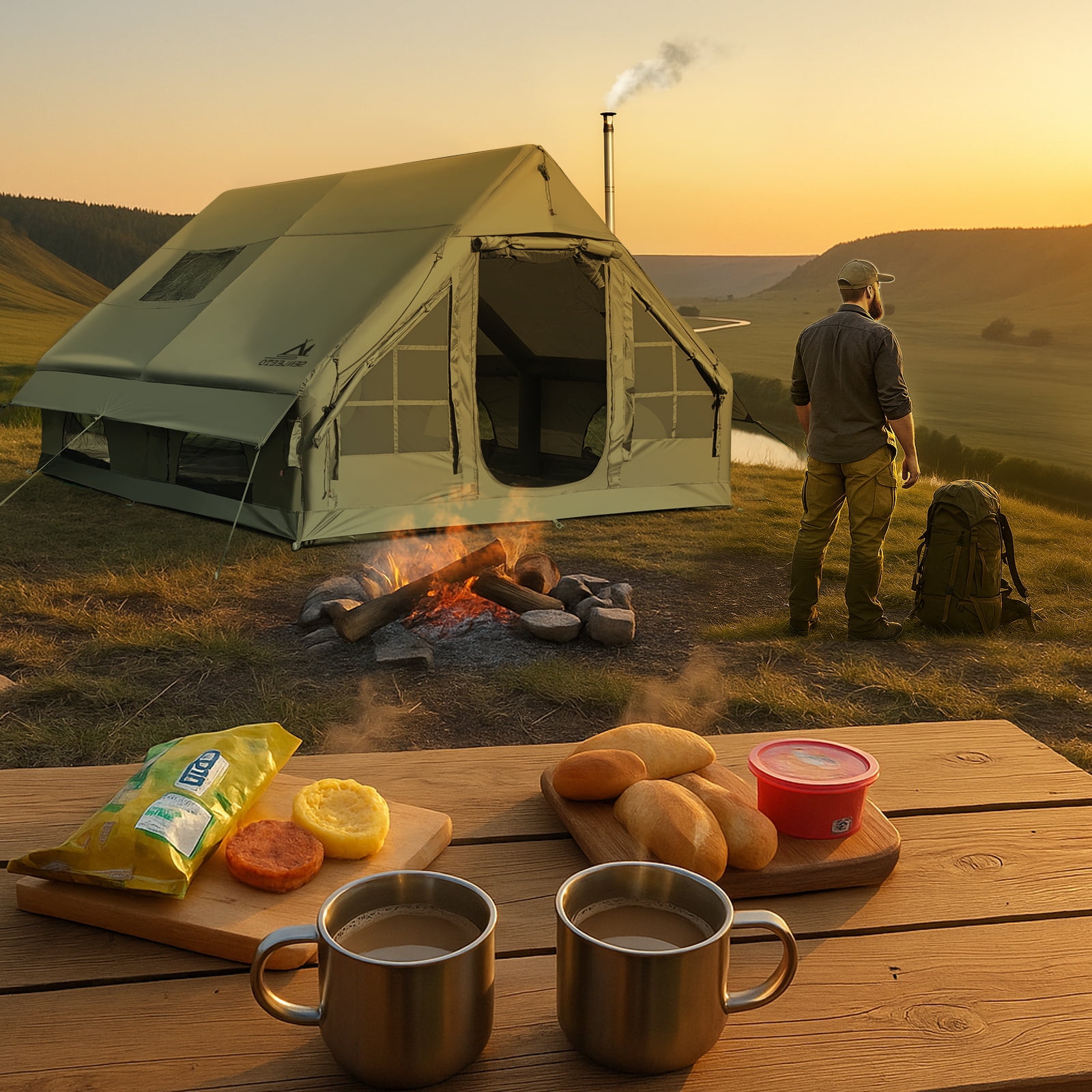 Inflatable Camping Tents 8-10 Person,129 Square Feets Large Inflatable Camping Tent with Stove Jack,Blow up Tent with Mesh Windows & Pump