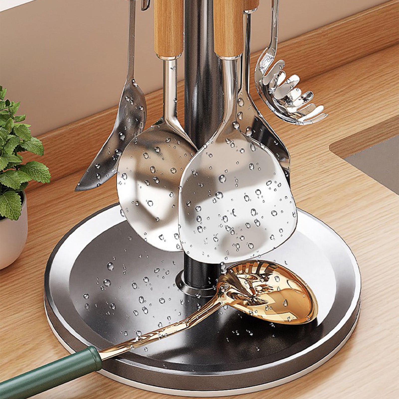 Yhmxh Kitchen Utensil Hanger Stainless Steel Utensil Holder Rotatable Cooking Utensils Holder with 8 Rotating Hooks, Hanging Spoon Spatula Holder Storage Rack, Hanging Organizer for Spoon, Spatula