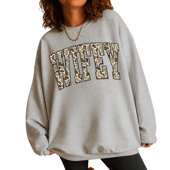Camouflage Wifey Sweatshirt for Women, Hunting Wife Graphic Pullover, Sizes S-3XL