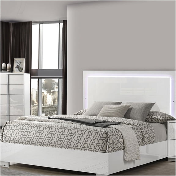 JERFIT Modern Queen Bed Frame with LED Headboard, White Upholstered Platform Bed with Chrome Legs, No Box Spring Needed