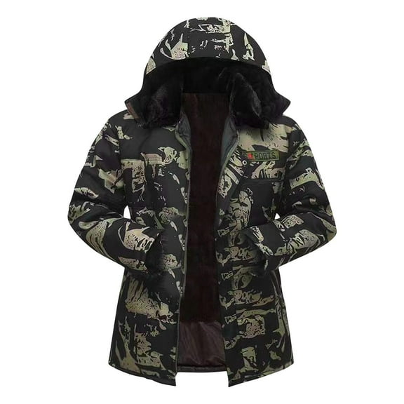 TFEOQRY Men Winter Plush Camouflage Parkas Padded Coats Casual Camouflage Hooded Zipper Workwear Coat with Pockets Long Sleeve Cardigan Coat Parkas Black