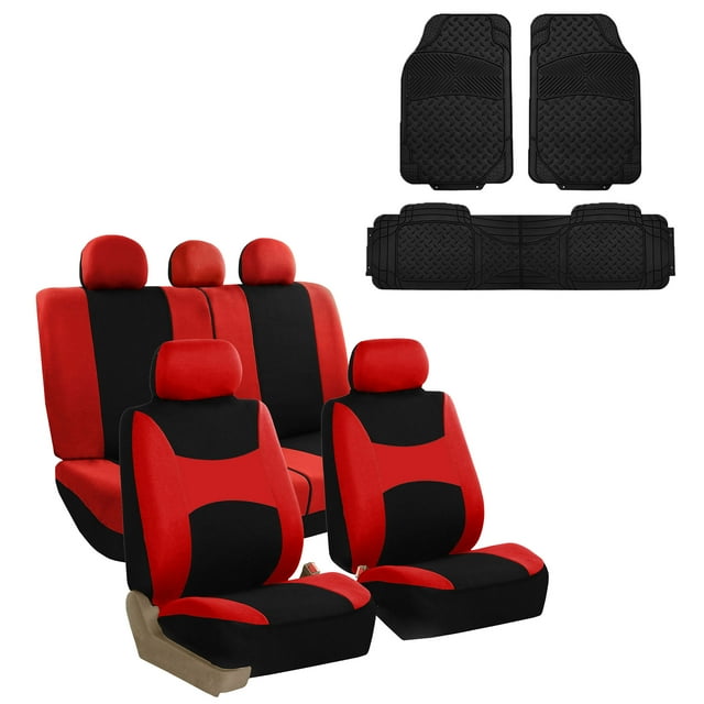 FH Group Car Seat Covers Light & Breezy Flat Cloth, Full Set w/ Trimmable Vinyl Floor Mats